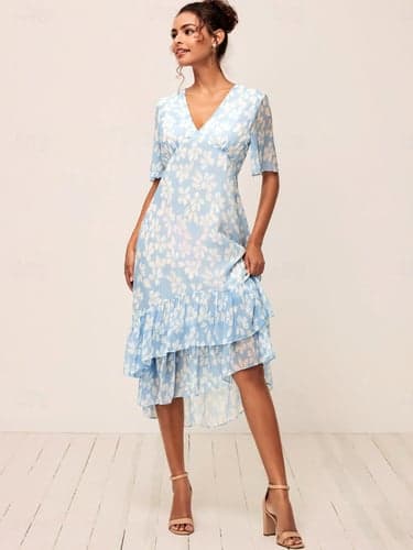 Women's A Line Dress Layered Dress Elegant Floral Midi Dress Half Sleeve Flared Sleeve V Neck Ruffle Loose Fit Vacation Daily Light Blue Summer