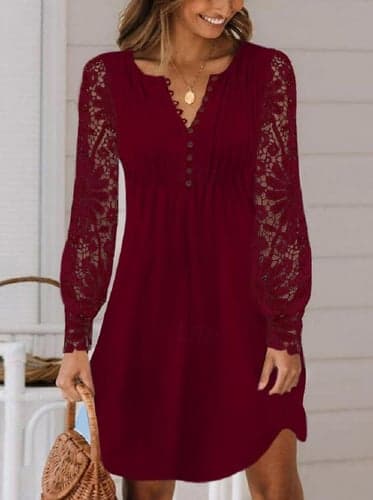 Women's White Dress Mini Dress Lace Button Date Vacation Elegant Split Neck Long Sleeve Lantern Sleeve Black White Red Color