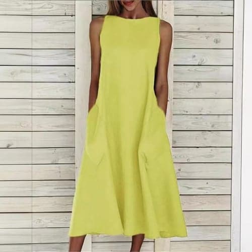 Women's Midi Dress Sleeveless Pockets Casual A-Line Silhouette Round Neckline White Summer Versatile Regular Fit Comfortable Lightweight Breathable Clothing Apparel