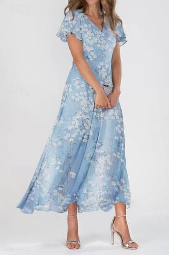Women's A Line Dress Elegant Floral Maxi Dress V Neck Ruffle Regular Fit Daily Date Blue Summer