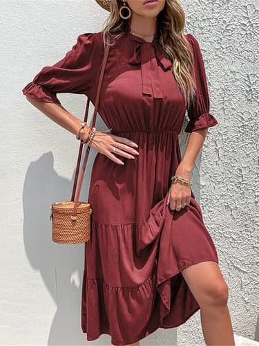 Women's Casual Dress Midi Dress Ruffle Casual Stand Collar Half Sleeve Black Wine Green Color