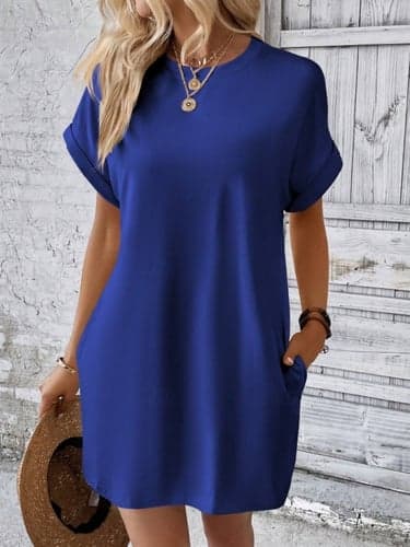 Women's Casual Dress Mini Dress Pocket Casual Crew Neck Short Sleeve White Blue Khaki Color