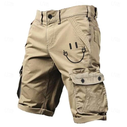 Men's Cargo Shorts Multiple Pockets Graphic Smile Printed Outdoor Short Sports Classic Micro-elastic Shorts