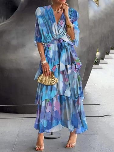 Women's A Line Dress Elegant Formal Floral Long Dress Maxi Dress Half Sleeve V Neck Ruffle Layered Print Regular Fit Date Blue Summer