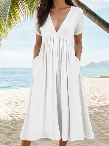 Women's White Dress Cotton Summer Dress White Cotton Dress Maxi Dress Cotton Pocket Casual Daily V Neck Short Sleeve Summer Spring White Blue Plain
