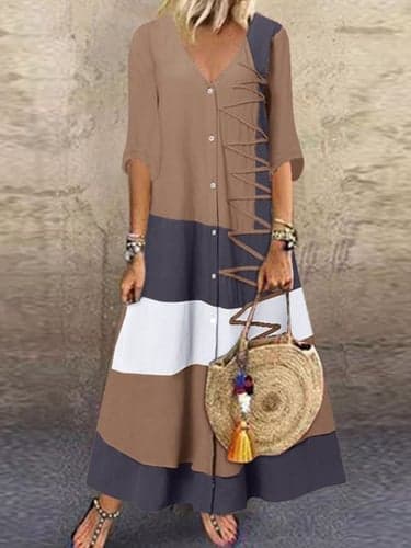 Women's Color Block V Neck Maxi Dress Half Sleeve Summer