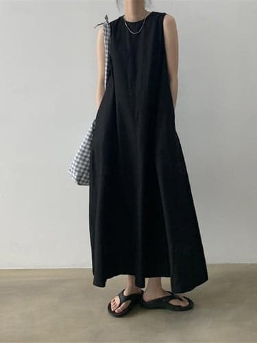 Women's White Dress Casual Dress Tank Dress Maxi long Dress Cotton Pocket Basic Daily Crew Neck Sleeveless Summer Spring Black White Plain