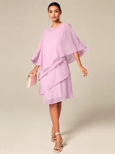 Women's Wedding Guest Cocktail Dress Chiffon Layered Elegant Midi A Line Dress Crew Neck Flutter Sleeve Pink Color