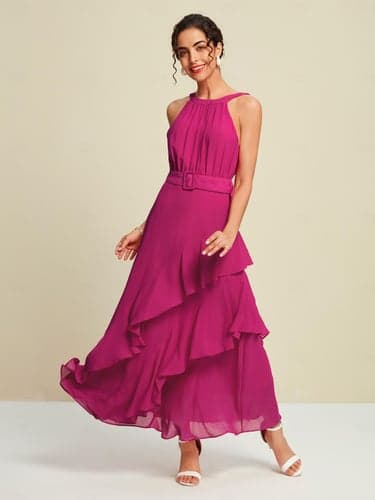 Women's Elegant Dress Rose Red Sleeveless Solid Color Ruffle Mismatched All Seasons Elegant Dress Wedding Party S M L