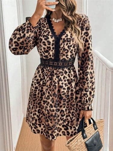 Women's Lace Dress Jumper Dress Casual Dress Elegant Stylish Casual Leopard Long Dress Maxi Dress Long Sleeve V Neck Lace Regular Fit Vacation Party Daily Leopard Spring Fall