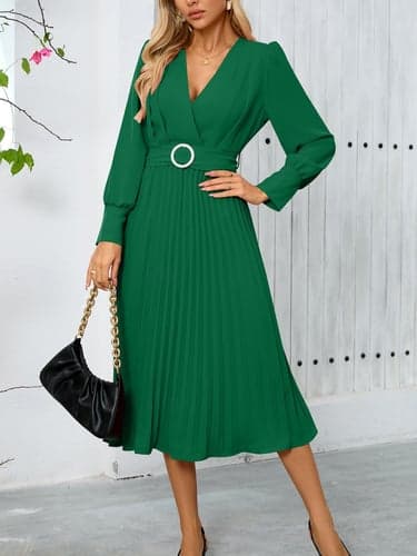 Women's Casual Dress Midi Dress Belted Casual V Neck Long Sleeve Black Green Color