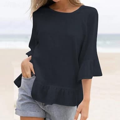 Shirt Blouse Women's White Navy Blue Green Plain Ruffle Street Daily Fashion Round Neck Regular Fit S