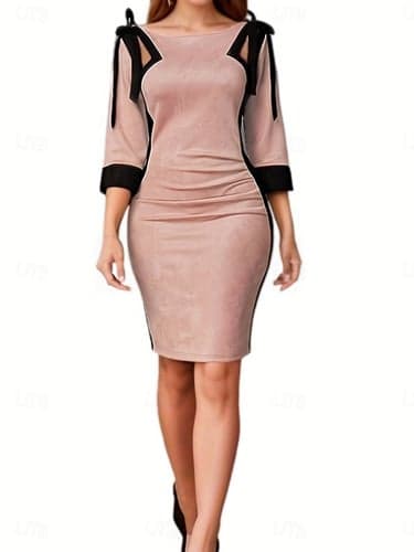 Women's Work Dress Shift Dress Elegant Office Daily Midi Dress Patchwork Crew Neck 3/4 Length Sleeve Plain Slim Pink Fall Winter S M L XL 2XL