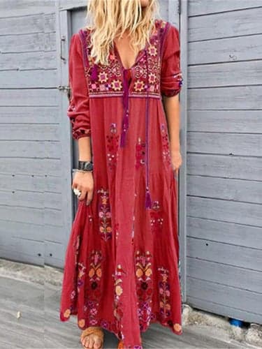 Women's Boho Maxi Dress Red with Ethic Floral Print V-Neck Three-Quarter Sleeve Casual Loose-Fit Beach Party Summer Fashion Clothing Apparel