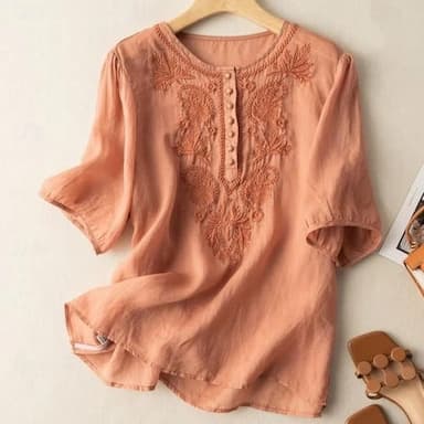 Linen Shirt Long Cotton Top White Cotton Top White Cotton Blouse Women's White Yellow Blue Floral Embroidered Button Street Daily Fashion Round Neck Regular Fit M