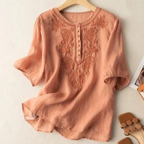 Linen Shirt Long Cotton Top White Cotton Top White Cotton Blouse Women's White Yellow Blue Floral Embroidered Button Street Daily Fashion Round Neck Regular Fit M