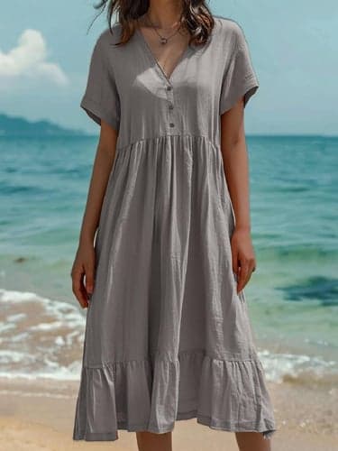 Women's Casual Dress Midi Dress Linen Pleated Patchwork Casual V Neck Short Sleeve Light Green Dark Green Orange Color