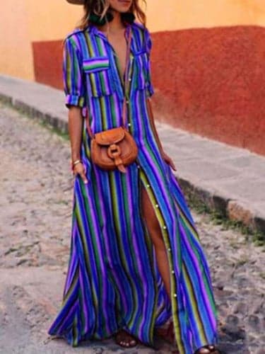 Women's Shirt Dress Boho Chic Dresses Maxi long Dress Vacation Beach Bohemia Shirt Collar Button Pocket Half Sleeve Summer Spring Loose Fit Striped
