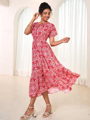 Women's Chiffon Floral Leaf Tie Neck Maxi Dress Short Sleeve Summer
