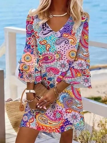 Women's Paisley Ruffle Layered V Neck Flared Sleeve Mini Dress Stylish Vacation 3/4 Length Sleeve Summer