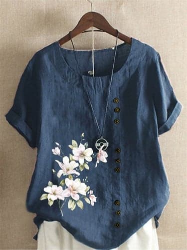Women's Linen Shirt T Shirt Streetwear Floral Regular Tops Short Sleeve Crewneck Buttons Print Regular Fit Vacation Daily Going out Navy Blue Blue Army Green Light Blue Coffee Summer Spring