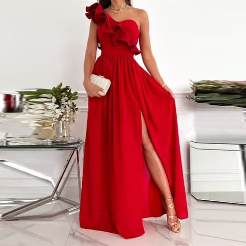 Women‘s Party Dress Wedding Guest Dress Swing Dress Long Dress Maxi Dress Green Black Wine Sleeveless Pure Color Ruffle Spring Summer One Shoulder Party Slim 2023 S M L XL XXL