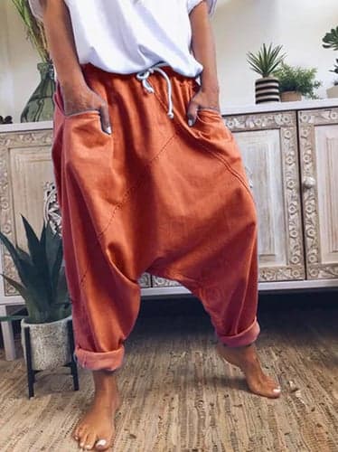 Women's Fashion Streetwear Chinos Harem Pants Side Pockets Baggy Elastic Drawstring Design Full Length Pants Casual Weekend Micro-elastic Plain Linen / Cotton Blend Comfort Mid Waist Loose Blue Gray