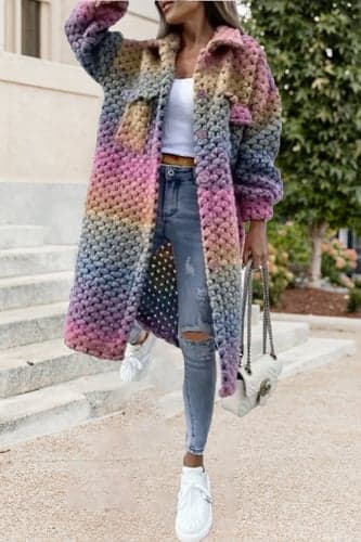 Women's Cardigan Sweater Stylish Casual Soft Color Gradient Chunky Crochet Shirt Collar Pocket Knitted Long Sleeve Long Tops Knit Outdoor Daily Going out Purple Fall Winter