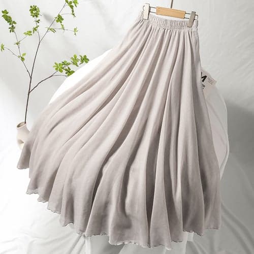 Women's Asian Size Swing Long Skirt Linen Skirts Elegant Basic Casual Maxi Skirts Solid Colored Pleated Tulle Long Office / Career WorkWear Black White Yellow Light Green Spring & Summer Linen Cotton