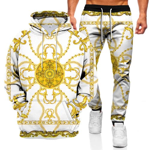 Men's Graphic Chains Print 2pcs Hoodies Long Sleeve Long pants 3D Sweatshirt Sets Hooded Streetwear Sportswear Basic Sports & Outdoor Casual Sports Print Black White Red