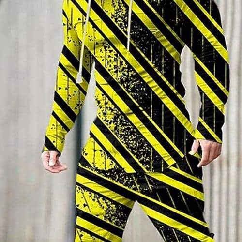 Men's Graphic Geometric 2pcs Hoodies Long Sleeve Long pants 3D Sweatshirt Sets Hooded Streetwear Sportswear Basic Sports & Outdoor Casual Sports Print Yellow Light Green Pink