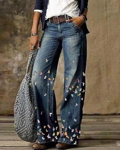 Women's Normal Jeans Flared Pants Bell Bottom 3D Print Full Length Mid Waist Flower / Floral Side Pockets Wide Leg Print Comfort High Elasticity Casual 1 2 14 16 Summer Spring &  Fall Loose Fit