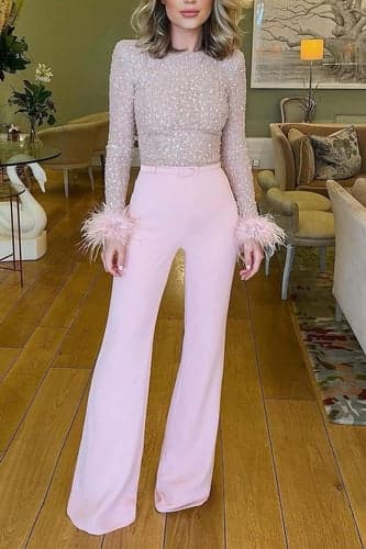 Women's Jumpsuit for Special Occasions Party Solid Color Feather Patchwork Wide Leg Long Sleeve Cocktail Fall Disco
