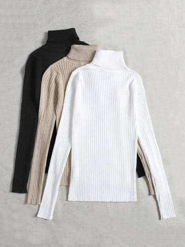 Women's Pullover Sweater Jumper Basic Casual Solid Color Ribbed Turtleneck Knitted Thin Long Sleeve Knit Daily Black+White+Gray Black+Apricot+Brown Fall Winter
