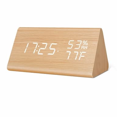 Wooden Digital Alarm Clock with Wooden Electronic LED Time Display 3 Alarm Settings Humidity Temperature Detect Wood Made Electric Clocks for Bedroom