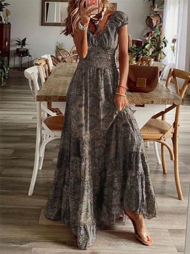 Women's Cotton Vintage Dress Casual Dress Graphic Ruched Print V Neck Maxi long Dress Vintage Bohemian Vacation Beach Short Sleeve Summer Spring