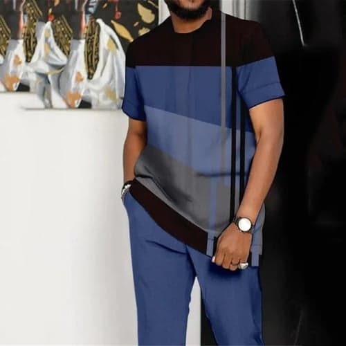 Men's Graphic Color Block 2pcs Tee Top Short Sleeve Long pants Tees sets Crew Neck Designer Casual Comfortable Outdoor Vacation Daily 3D Print Blue Dark Green Brown