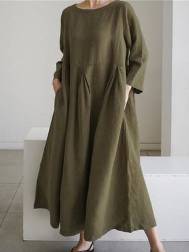 Women's Casual Dress Cotton Summer Dress White Cotton Dress Maxi Dress Linen Pocket Casual Daily Vacation Crew Neck Long Sleeve Summer Spring Fall ArmyGreen Black Plain