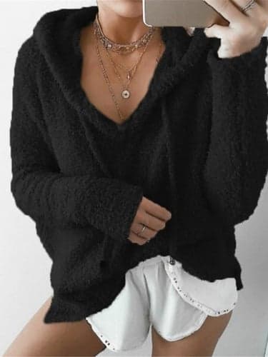 Women's Pullover Sweater Jumper Stylish Casual Soft Solid Color Ribbed Hooded Lace up Long Sleeve Knit Daily Going out Weekend Black White Fall Winter