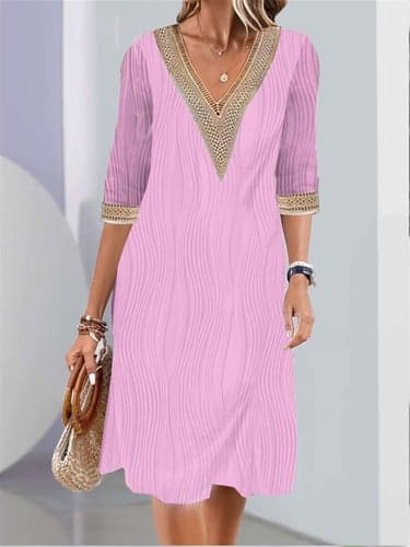 Women's Shift Dress Plain Patchwork Print V Neck Midi Dress Daily Date Half Sleeve Summer Spring