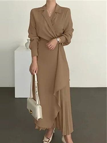 Women's Casual Dress Maxi long Dress Pleated Daily Elegant Fashion Shirt Collar Long Sleeve Black Brown Apricot Color