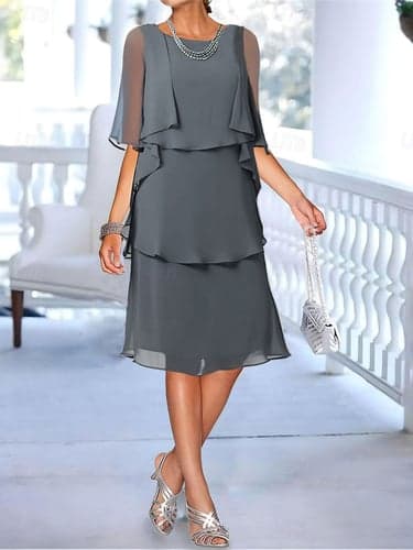 Women's Wedding Guest Cocktail Dress Ruffle  Elegant Layered Midi Summer Spring Dress Crew Neck Half Sleeve Midi Dress Blue