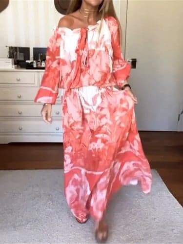 Women's Floral Lace up Print Off Shoulder Long Dress Maxi Dress Daily Vacation Long Sleeve Summer Spring