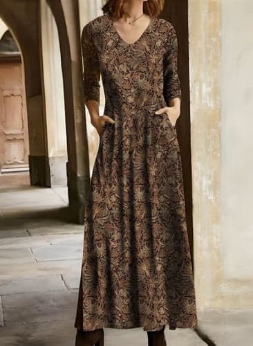 Women's Winter Dress T Shirt Dress Tee Dress Floral Tribal Pocket V Neck Long Dress Maxi Dress Vintage Ethnic Daily Long Sleeve Fall Winter
