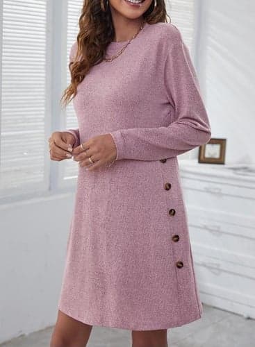 Women's Casual Dress Mini Dress Patchwork Button Work Daily Basic Crew Neck Long Sleeve Black Pink Grey Color