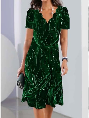 Women's A-Line V-Neck Dress Short Sleeve Abstract Line Print Sparkling Waist-Cinched Flared Skirt Green Cocktail Party Workwear Spring Summer Multiple Sizes