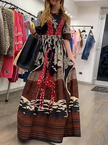 Women's Swing Dress Print Dress Spring Dress Vintage Streetwear Floral Long Dress Maxi Dress Half Sleeve Crew Neck Print Loose Fit Outdoor Vacation Daily Brown Spring Fall
