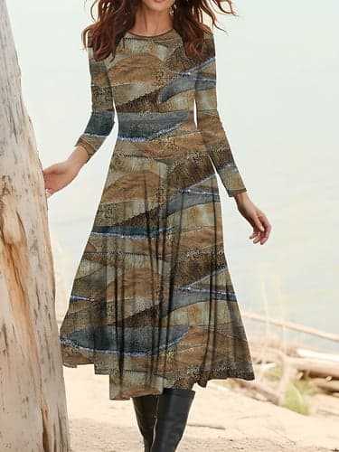 Women's Graphic Pocket Crew Neck Midi Dress Daily Date Long Sleeve Fall Winter