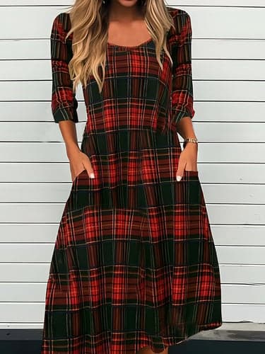 Women's Midi Dress Plaid Square Neckline Three-Quarter Sleeve A-line Red Green Yellow Black Casual to Dressy Fall Winter Regular Fit Clothing Apparel