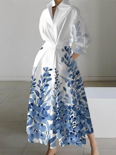 Women's Shirt Dress Casual Dress Swing Dress Maxi long Dress Outdoor Office Daily Fashion Modern Shirt Collar Button Pocket Long Sleeve Spring Fall Loose Fit Floral Leaf
